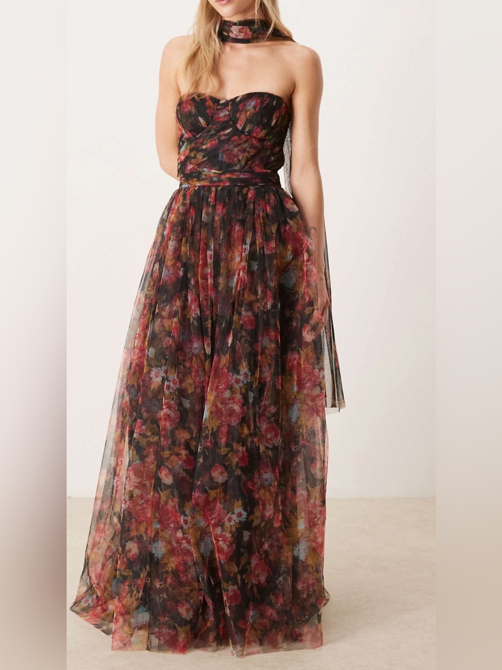 Lace & beads nwt Floral tulle Strapless maxi dress